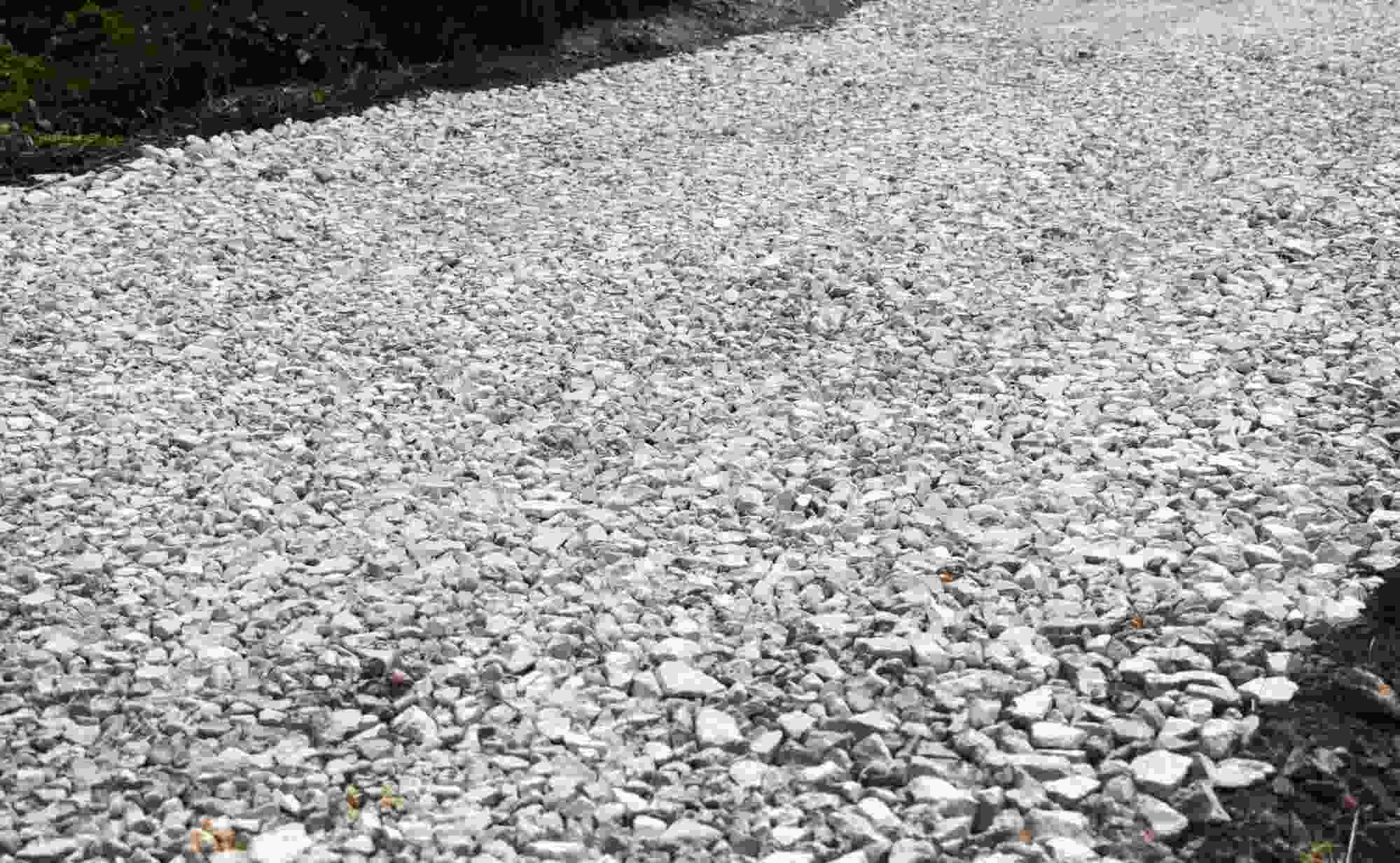 Crushed limestone fines spread across a prepared landscaping surface, creating a compactable aggregate base commonly used for pathways, patios, driveways, and hardscape projects.