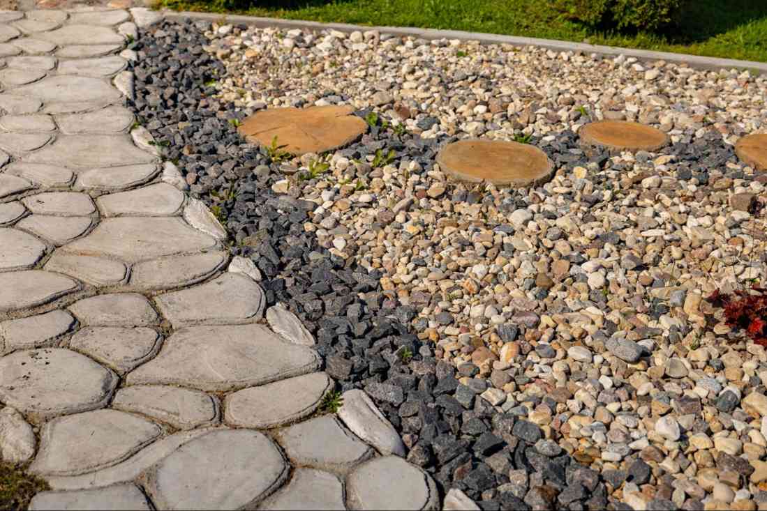 Washed rock landscaping installed along residential home foundation for drainage, erosion control, and clean decorative curb appeal.